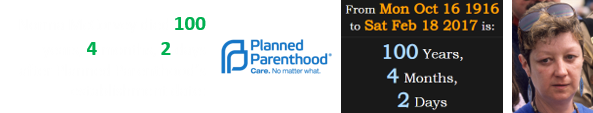 Norma McCorvey died 100 years, 4 months, 2 days after Planned Parenthood’s establishment date: