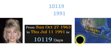 Marla Maples was 10119 days old on the date of the 1991 Total Maximum Eclipse:
