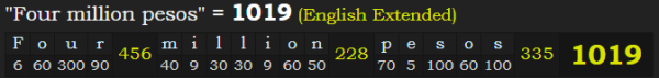 "Four million pesos" = 1019 (English Extended)