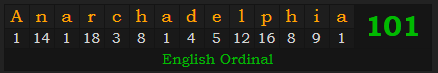 "Anarchadelphia" = 101 (English Ordinal)