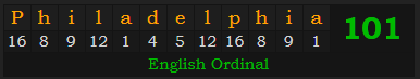 "Philadelphia" = 101 (English Ordinal)