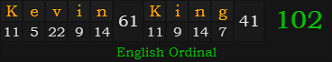 "Kevin King" = 102 (English Ordinal)