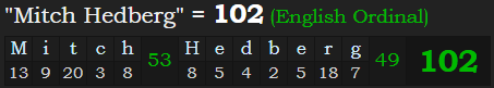 "Mitch Hedberg" = 102 (English Ordinal)