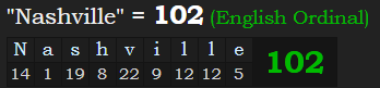 "Nashville" = 102 (English Ordinal)