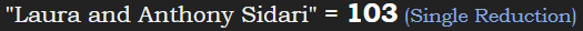 "Laura and Anthony Sidari" = 103 (Single Reduction)