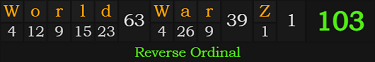 "World War Z" = 103 (Reverse Ordinal)