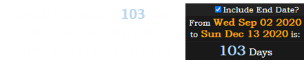 Today is a span of 103 days after the founding date of the Treasury Department: