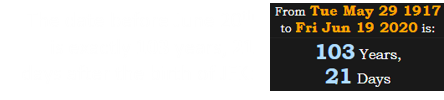 The date before June 20th is exactly 103 years, 21 days after the birth of JFK: