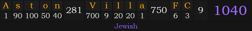 "Aston Villa FC" = 1040 (Jewish)