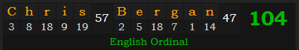 "Chris Bergan" = 104 (English Ordinal)