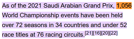 As of the 2021 Saudi Arabian Grand Prix, 1,056 World Championship events have been held over 72 seasons in 34 countries and under 52 race titles at 76 racing circuits.