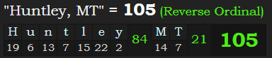 "Huntley, MT" = 105 (Reverse Ordinal)