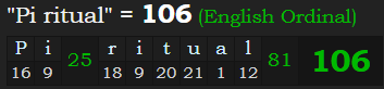 "Pi ritual" = 106 (English Ordinal)