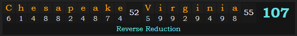 "Chesapeake, Virginia" = 107 (Reverse Reduction)