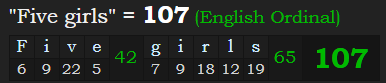 "Five girls" = 107 (English Ordinal)