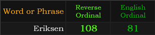 Eriksen = 108 Reverse and 81 Ordinal
