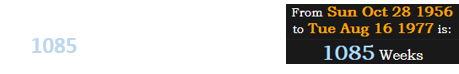 Note that Elvis’s death fell 1085 weeks after this show: