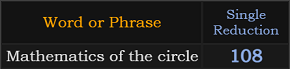 "Mathematics of the circle" = 108 (Single Reduction)