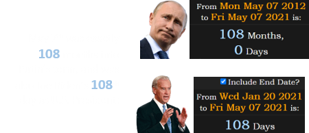 May 7th was exactly 108 months into Putin’s term, and was also Joe Biden’s 108th day as U.S. President: