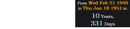 The two men’s birthdays are separated by 10 years, 331 days: