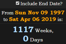 1117 Weeks, 0 Days