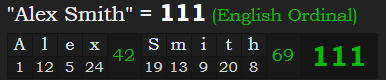 "Alex Smith" = 111 (English Ordinal)