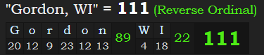 "Gordon, WI" = 111 (Reverse Ordinal)