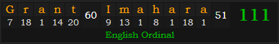 "Grant Imahara" = 111 (English Ordinal)