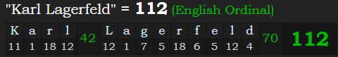 "Karl Lagerfeld" = 112 (English Ordinal)