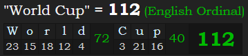 "World Cup" = 112 (English Ordinal)