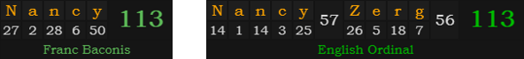 Nancy = 113 Franc Baconis, Nancy Zerg = 113 Ordinal