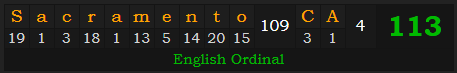 "Sacramento, CA" = 113 (English Ordinal)