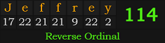 "Jeffrey" = 114 (Reverse Ordinal)