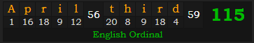 "April third" = 115 (English Ordinal)