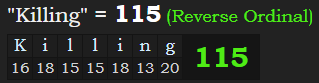 "Killing" = 115 (Reverse Ordinal)