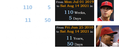 Today is 110 weeks, 5 days since Tyler Skaggs died and 11 years, 50 days since the Diamondbacks’ last no-hitter thrown by Edwin Jackson in 2010: