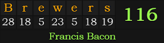 "Brewers" = 116 (Francis Bacon)