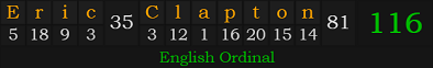 "Eric Clapton" = 116 (English Ordinal)