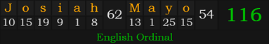 "Josiah Mayo" = 116 (English Ordinal)