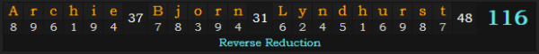 "Archie Bjorn Lyndhurst" = 116 (Reverse Reduction)