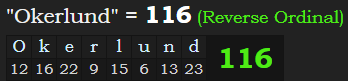 "Okerlund" = 116 (Reverse Ordinal)