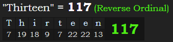 "Thirteen" = 117 (Reverse Ordinal)