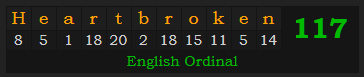 "Heartbroken" = 117 (English Ordinal)