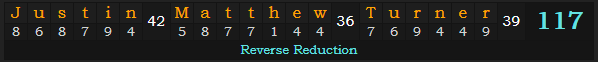 "Justin Matthew Turner" = 117 (Reverse Reduction)