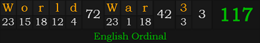 "World War 3" = 117 (English Ordinal)