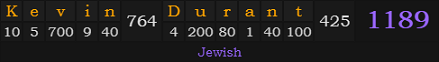 "Kevin Durant" = 1189 (Jewish)