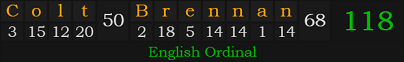 "Colt Brennan" = 118 (English Ordinal)