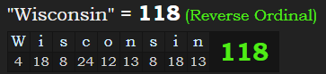 "Wisconsin" = 118 (Reverse Ordinal)