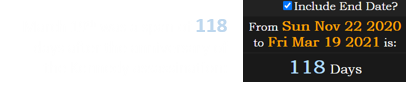 March 19th was a span of 118 days after the anniversary of the Kennedy assassination: