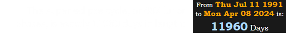 The super eclipse cycle, or 405 lunar phases, is exactly 11960 days in length: